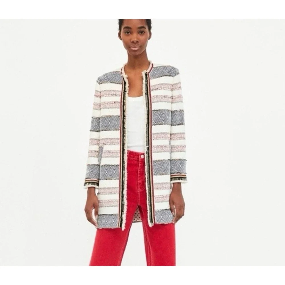 Zara Blazer Womens Blazer Size L Ivory Tunic Festival Open Front Jacket Boho Bea